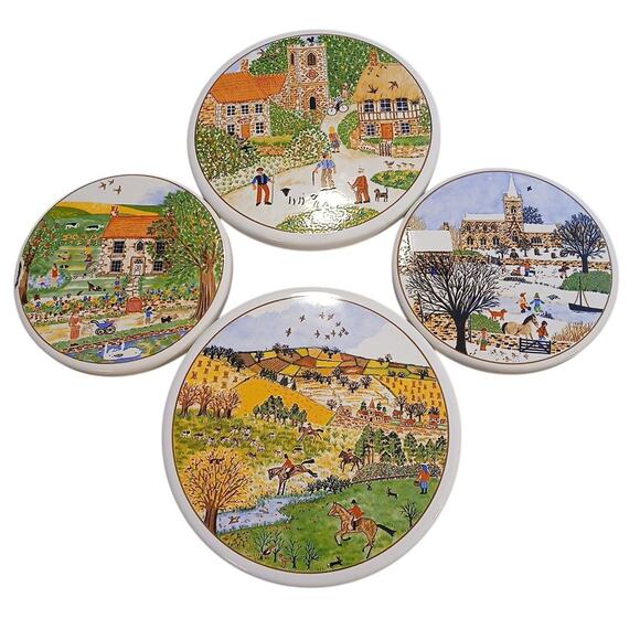 Vtg Royal Kent English Village Hunter Enamel Stovetop 4 Burner Covers Scene READ - Picture 2 of 11